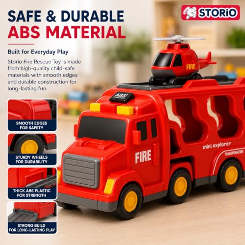 Image of Storio 5 in 1 Fire Truck Toy for Kids 3-5 Years Boys | Transport Carrier Fire Engine Vehicle Set with Ladder Truck Helicopter | Friction Powered Light Sound Montessori Toys for 3 4 5 6 7 Year Old