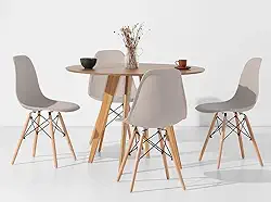 Conjunto Mesa de Jantar Square Redonda Freijó - 88cm + 4 Cadeiras Eiffel - Bege Acinzentado