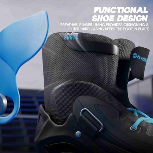 Image of Konex 4 Wheel Inline Skates for Boys,Girls & Youth | Adjustable PU Roller Skating Shoes with Corrosion Resistant Frame | Triple Safety with Buckle, Velcro Strap & Lace Up - Blue