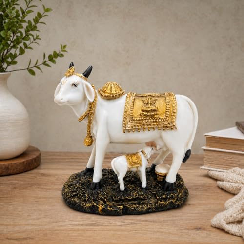 Image of ARMONIA Kamdhenu Cow with Calf Idol for Home Decor | Dust Marble Finish Gau MATA Statue | Vastu & Feng Shui Good Luck Showpiece for Living Room, Pooja Room | Wedding & Housewarming Gift (24cm)