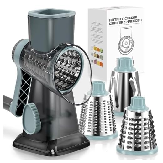 KEOUKE Rotary Cheese Grater with Handle Vegetable Cheese Shredder Slicer Grater for Kitchen 3 Changeable Blades for Cheese Potato Zucchini Nuts Chocolate - GreyBlue
