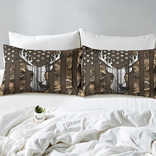 Castle Fairy Camo American Flag Duvet Cover Queen Size, Brown Deer And Trees Silhouette Natural Style Bedding Comforter With 2 Pillowcases, 3Pcs National Flag Green Camouflage Bedding Set For Children Adult thumb #3