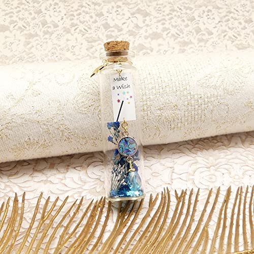 Bouteille en verre message Make a wish violet bleu et plume décorative