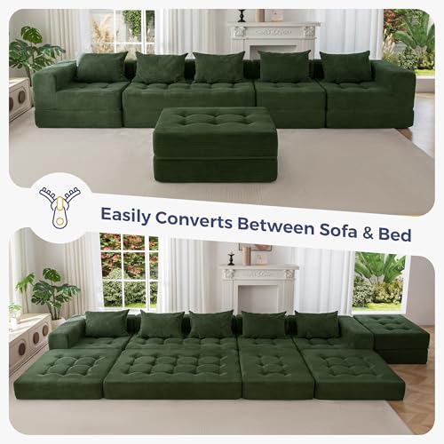 Image of MAXYOYO Modular Sectional Sofa Couch, Foldable U Shaped Cloud Couch with Pillows, Tufted 6-Seat Boneless Sofa Lounger for Living Room, No Assembly Required, Dark Green