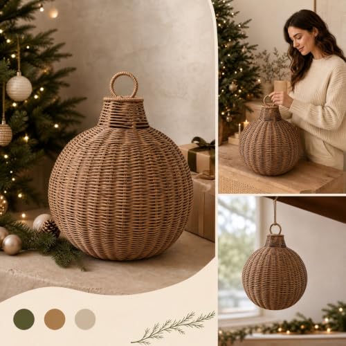 Large Faux Rattan Christmas Bells 9.84'', Rustic Farmhouse Woven Balls - image 4