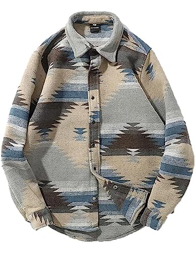 FindThy Men’s Brushed Flannel Shirts Ethnic Aztec Print Button Up Lapel Tribal Shirt Jacket Shacket4