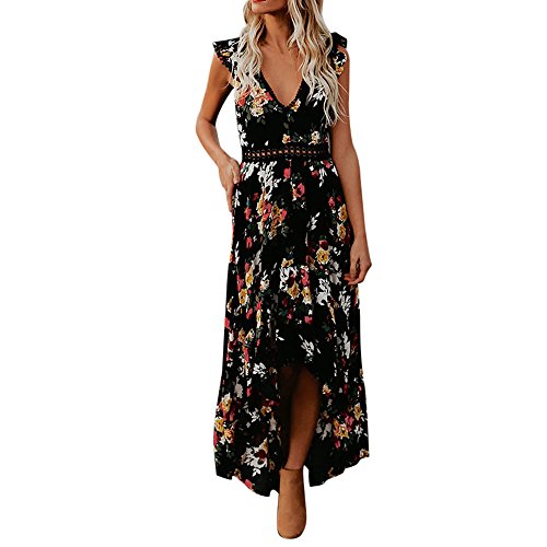 LEvifun Robe Maxi Longue Femme Ete Chic Robe de Soiree Robe de Plage Robe Vintage Sexy Boho Grande Taille Floral Dentelle Dos Nu Col V Cocktail Party Prom Sundress Chemise Tunique (M, Noir)
