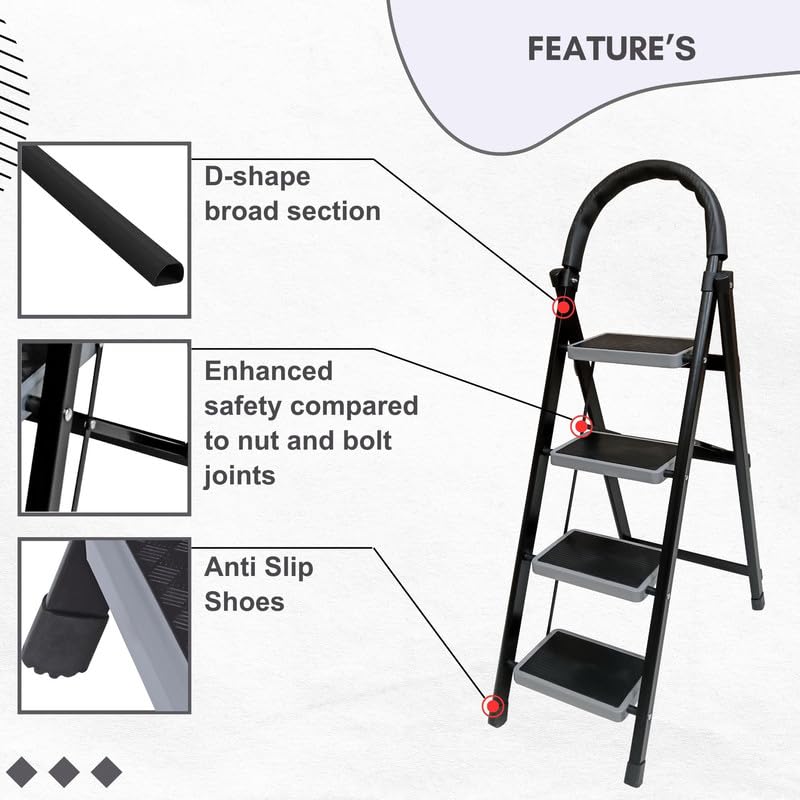 Image of TNT The Next Trend 4 Step Steel Step-Ladder for Home | Heavy Duty Foldable Ladder with Wide Ant-Slip Steps and Anti-Skid Shoes - Black