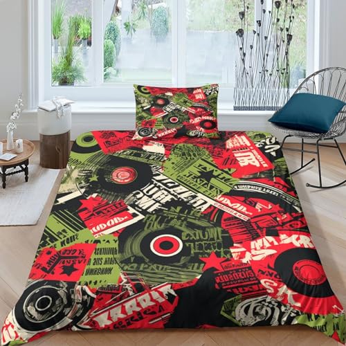 Housse de couette disques vinyles zippée pour un lit simple sans pli