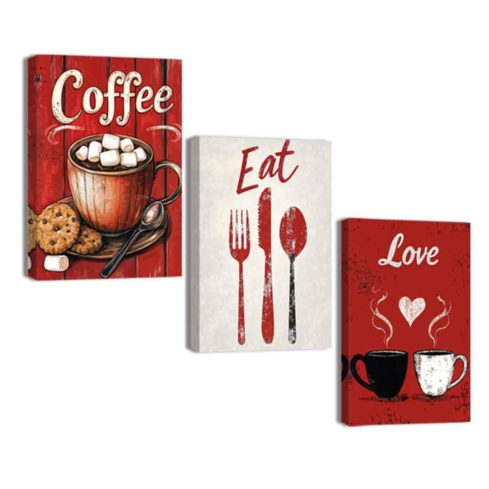 ZQQART Kitchen Canvas Wall Art 3 Pieces Red Black White Coffee Picture Vintage Knife and Fork Painting Coffee Shop Cafe Decor Framed(Red,24.00"x36.00"x3Pcs)