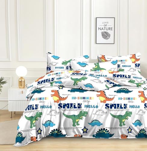 Image of Bedding Set Combo of Double Bed Duvet Cover Set with Fitted Bedsheet & 2 Pillow Covers | 300 TC Cotton Fabric | Zipper Closure |All Round Elastic|Warm Stuff|SED 049|Dinasaur Cartoon | Breathable material