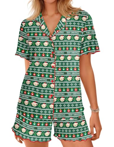 Image of Ekouaer Button Up Pajamas Set for Women Short Sleeve Ribbed Knit Sleepwear 2 Piece Pjs Shorts Set