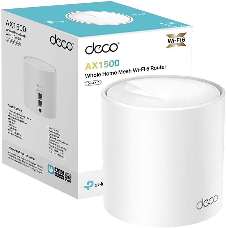 Deco X10(1-pack) AX1500Mbps WiFi 6 Mesh Router, 2 Gigabit Ethernet Ports, Parental Control, Router and Repeater, Compatible with Amazon Alexa
