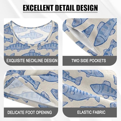 Blue Simple Fish Pattern Summer Cute Pajama Sets, Short Sets for Daily Wears and Sleep Wears4