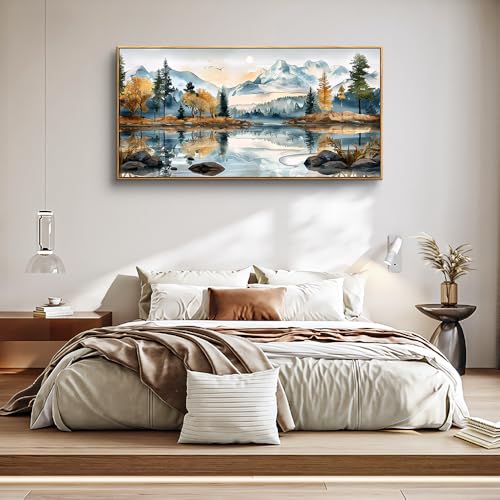ERQINHUA Large Canvas Wood Framed Abstract Wall Art Living Room Wall Decor for Bedroom Office Decoration Watercolour Paint Tree Lakeside Landscapes Picture Artwork Home Decor Ready to Hang 30x60 In