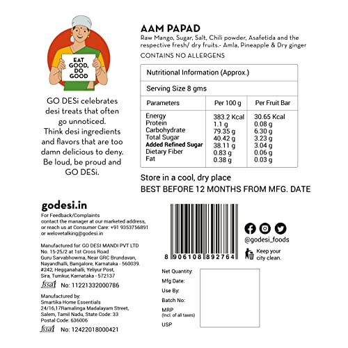 Image of GO DESi Mango Fruit Bars, 40 Bars, Aam Papad, Spicy Fruit Roll-Ups, Assorted Flavor, Individually Wrapped, No Preservatives, No Artificial Flavour, No Colour, 470 Gram