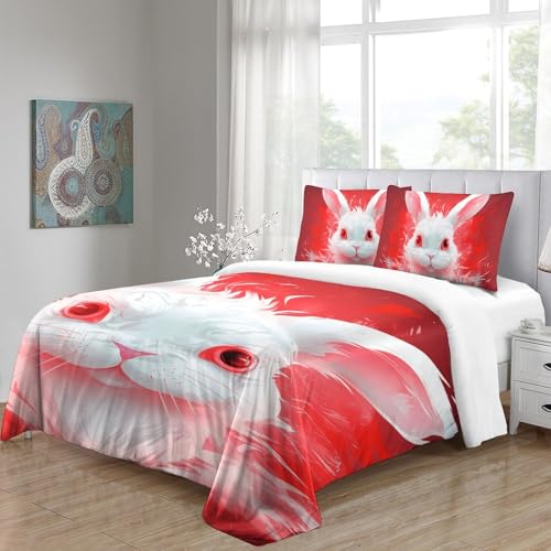 Parure de lit 140x200 Lapin Blanc housse de couette 3 pièces microfobre single