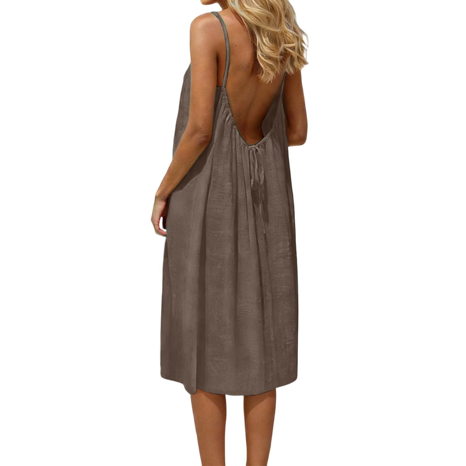 Vestidos de verano para mujer, elegantes, Midi, vestido de espalda descubierta, ligero y fresco | Vestido de playa sexy sin espalda Cami Dress Boho Vestidos para Traje de Playa Sólido Vestidos Casual