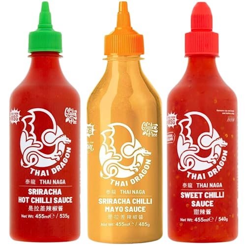 Spicy Sauce Bundle with Thai Dragon Sriracha Hot Chilli Sauce 455g, Sriracha Mayonnaise 455g and Sweet Chilli Sauce 455g (3 Pack)