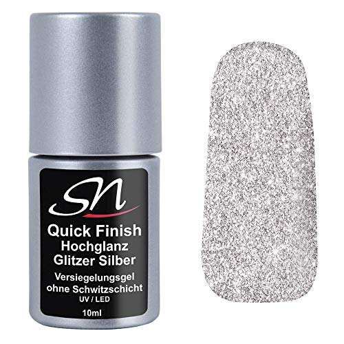 SN Quick Finish Glitzer Silber Hochglanz Versiegelungsgel ohne Schwitzschicht High Gloss Top Coat UV & LED Flex Gel für…