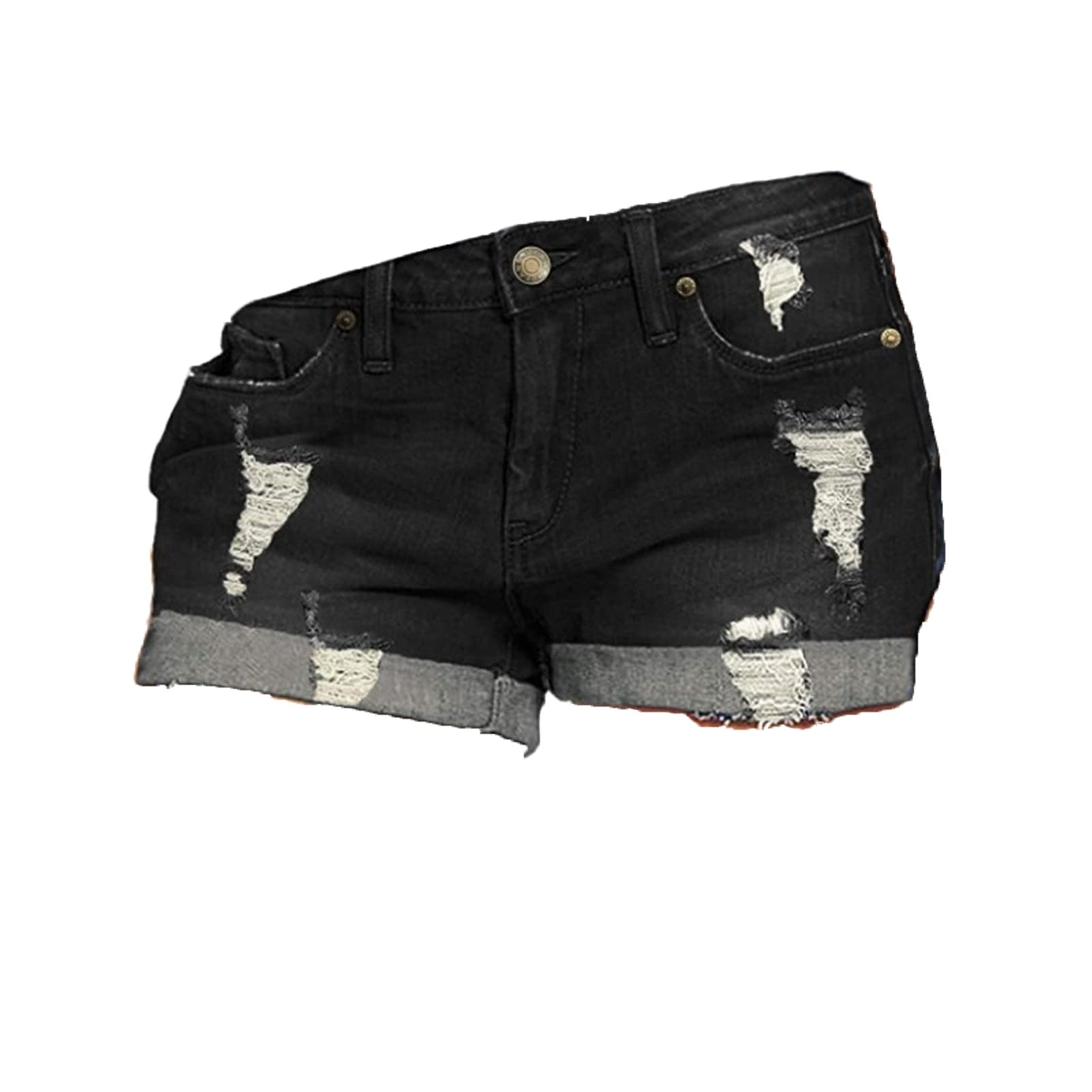JEKE-DG Women's Ripped Denim Jean Shorts Rolled Hem Distressed Jeans High Waisted Stretchy Folded Hem Short Jeans (Medium,Black)