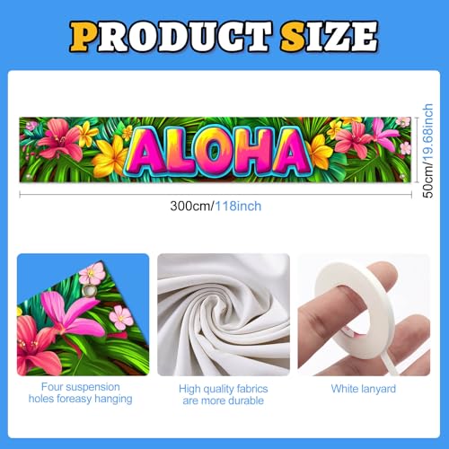 Image of HOMETITUTE Aloha Banner Luau Decorations 118 x 20 Inch Hawaiian Banner Tropical Hello Summer Backdrop Aloha Sign for Pool Party Backyard Summer Beach Tiki Bar Outdoor Photo Booth