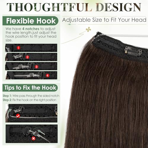 Elailite Hair Extension Real Human Hair One Piece Invisible Secret Wire Clip Headband Extension Straight, #02 Dark Brown - Image 4