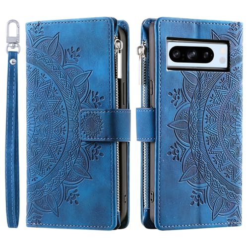 VEEMOS Wallet Case for Google Pixel 8 Pro Flower Flip Case Protective Leather Folio Book Phone Cover with Card Slots Kickstand Zipper Pocket