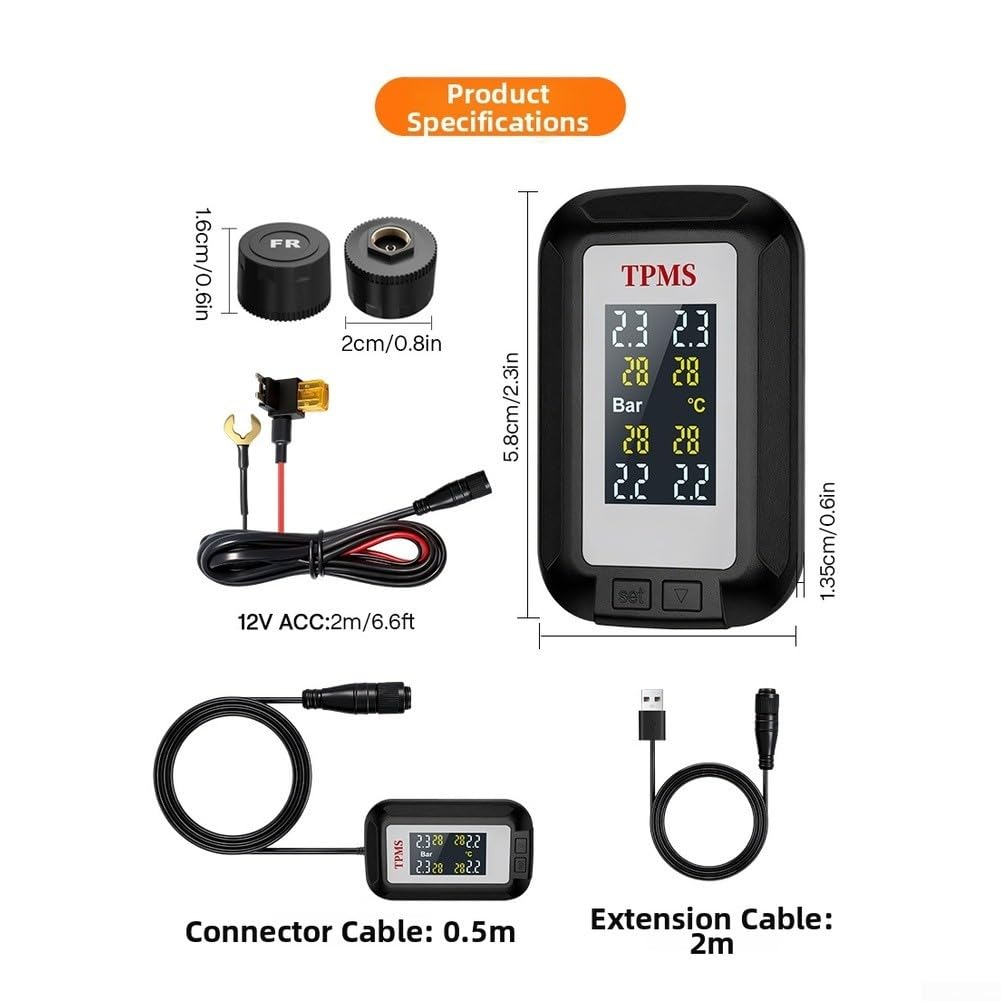 Manometro digitale TPMS senza fili con app di controllo mobile per moto, camion, camper, spegnimento automatico, monitoraggio della temperatura, grande schermo LCD, alimentazione 12 V