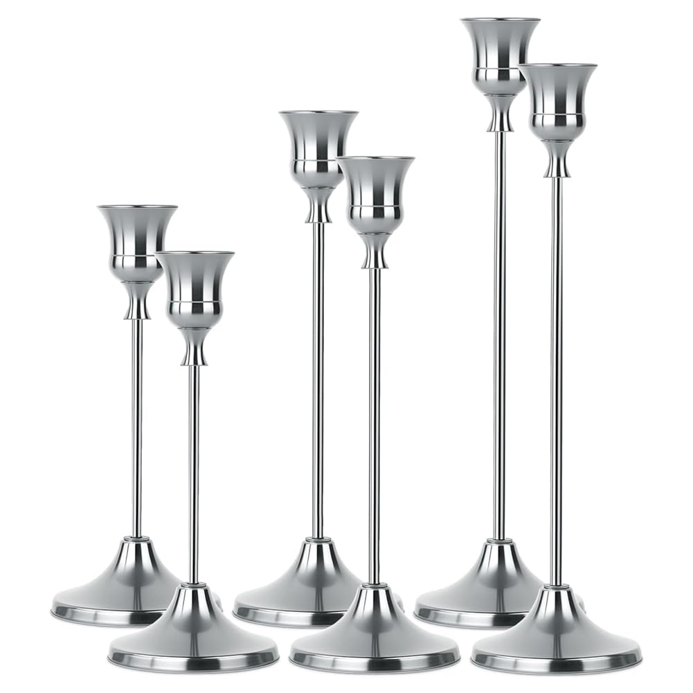 UDSKNV[KSL Elegant 6-Piece Silver Taper Candles Holder Set for Table Centerpieces& Home Decoration