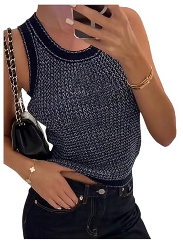 MakeMeChic Women's Crew Neck Sweater Vest Sleeveless Contrast Binding Vintage 90s Knit Top