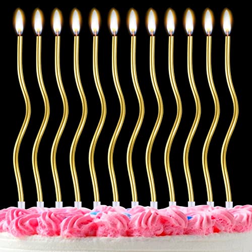 Image of 12 Pieces Twisty Birthday Candles, Spiral Gold Birthday Candles for Cakes