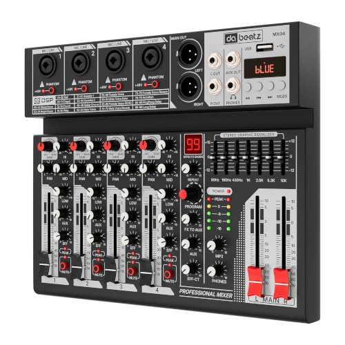 Image of Dabeatz MX04 4-Channel Audio Mixer with XLR /6.35mm Combo Inputs, Bluetooth & USB Playback, 99 DSP Effects, 7-Band EQ, Recording & 48V Phantom Power for DJ, Karaoke & Live Sound