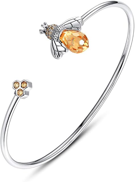 Honeycomb Bee Open Cuff Bangle Bracelet Sterling Silver 925 Cubic Zirconia CZ for Women Girls 7"