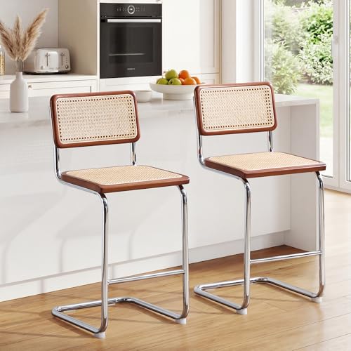 Image of Natural Rattan Counter Stools with Cane Back, 24 Inches Mid Century Modern Cesca Bar Stools, Rustic Bar Stools with Metal Frame for Kitchen Island,Home Pub (Brown, Set of 2)
