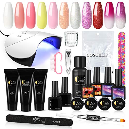 3 Colors Poly Nail Gel Kit with 36W LED Nail Lamp,6 Colors U V Gel Polish 2pcs Color Change Gel Polish, Top and Base Coat Nail Art Manicure Tools Set