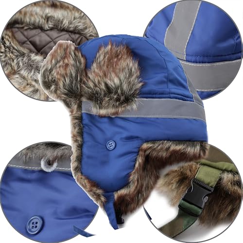 Image of Faux Fur Safety Reflective Plain Plaid Aviator Trapper Hat Snow Ski Trooper Winter Cap