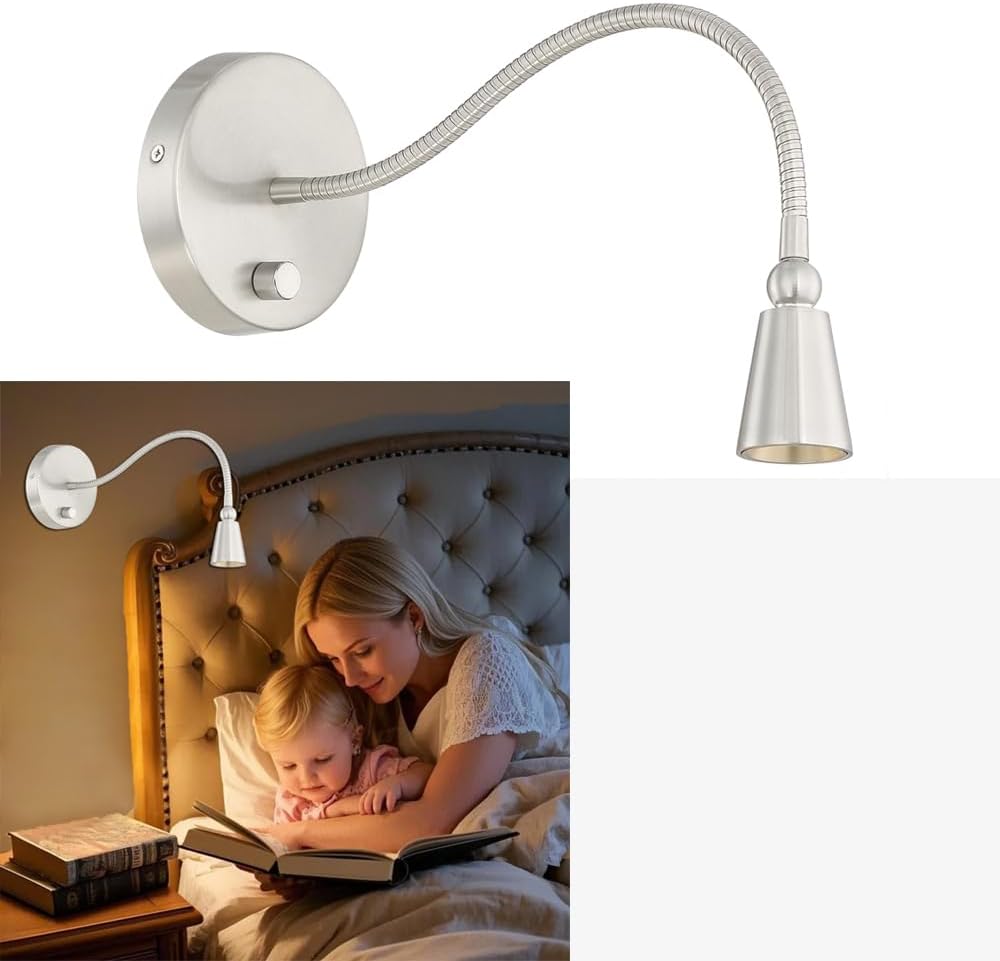 HomeFocus - LED Wall Lamp, Bedside Reading Light, Dimmable 3 Modes, Eye-Caring, Wall Sconces, 5W 3000K Warm White, Flexible Gooseneck, Metal, Satin Nickel