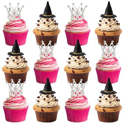 12 Pcs Witch Hat and Crown Cupcake Toppers Wicked Cake Topper Decorations