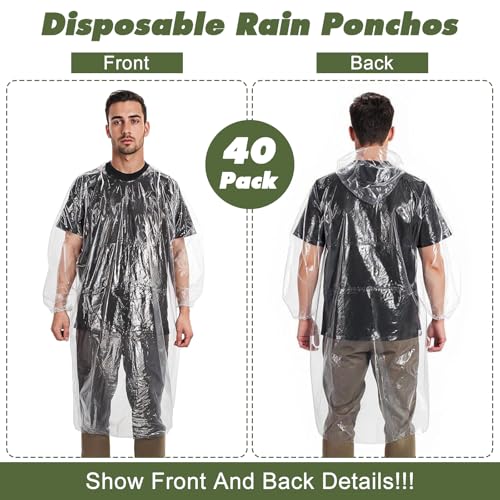 40 Pack Disposable Rain Ponchos for Adults,Bulk Clear Elastic Sleeve Disposable Raincoat with Drawstring Hood,Emergency Poncho for Man Women Travelling,Camping Hiking4