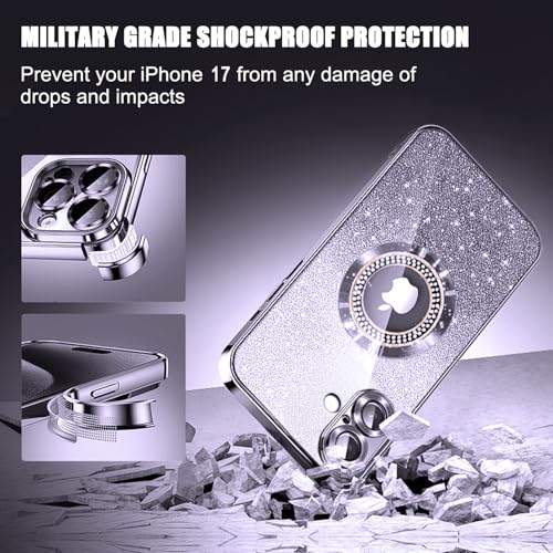 Image of Misscase for iPhone 17 Magnetic Glitter Case Compatible with MagSafe,Full Protection Slim Shockproof Anti-Scratch Case with Camera Lens Protector Plating Bling Dust-Proof Net for Women Silver