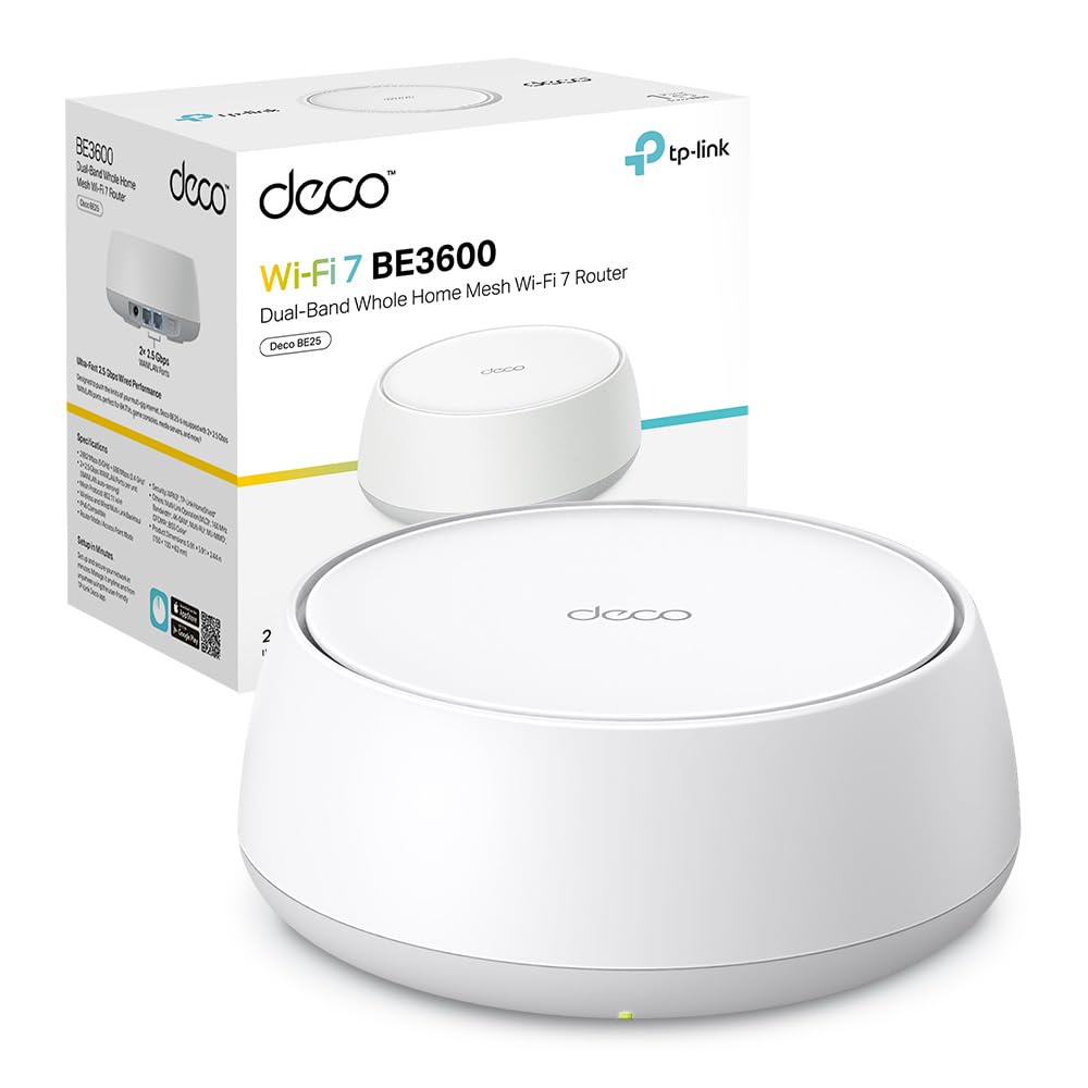 TP-Link TP-Link WiFi 7 Deco BE25 Mesh WiFi, BE3600Mbps Dual-Band, Router, AP, 2 Porte Ethernet di 2,5 Gbps, 4 Antenne Interne, MLO, AI-Roaming, HomeShield, Funziona con Qualsiasi ISP, Modem e Alexa