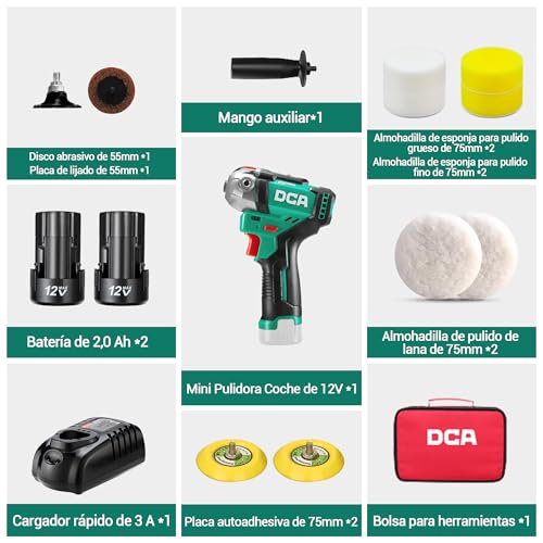 DCA Mini Pulidora Coche 12V, 75MM Pulidora Bateria y 50mm Lijadora, Pulidora Orbital, Máquina de Pulir sin Escobillas, 2 Baterías de 2,0Ah, 2 Velocidades 2800-8300 RPM para Pulir, Encerar y Limpiar - imagen 8