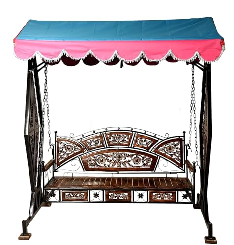 Image of 2 /3 Seater Mango Wood & Wrought Iron Swing Jhoola for Balcony Garden Jhula Outdoor /Indoor Hammock for Relaxation Elegant Intricate Design - Natural Brown & Black (Model /Sise - 4)