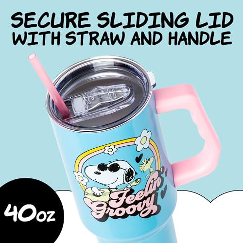 Image of Silver Buffalo Peanuts Featuring Snoopy and Woodstock Feelin' Groovy Double Walled Stainless Steel Tumbler with Handle and Straw, Fits in Standard Cup Holder, 40 Ounces