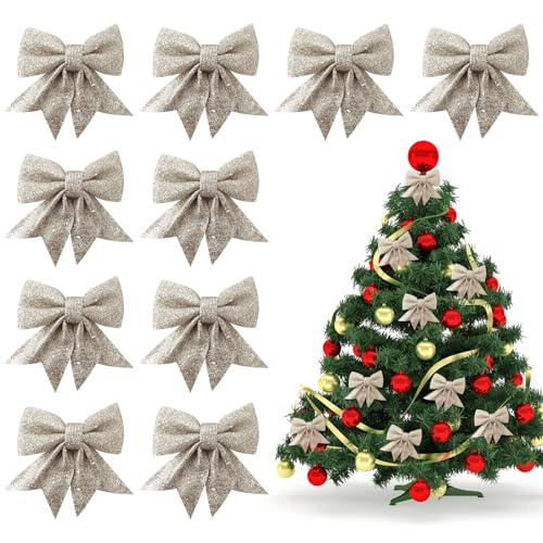Jsdoin Christmas Bow Decorations, 10pc Glitter Bows for Christmas Tree, 5.9 inch Sequin Bowknot, Xmas Decorative Bows Ornaments for Home Party(Champagne Gold)