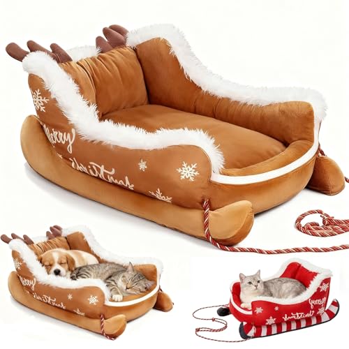Festive Plush Cosy Dog Bed - Christmas Sleigh, Festliches Plüsch-Hundebett, Weihnachten Hundebett, Niedliche Katzenbett, Waschbar Rutschfest Weiche Haustierbett für kleine, große Hunde (Braun, M)