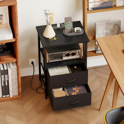 Image of Fixwal Black Night Stand with Charger Station, Nightstand with Charging Station & Fabric Drawers