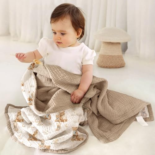 Image of lulumoon Muslin Baby Blanket Neutral - Breathable Cotton Crib Bedding for Toddler - 4 Layer Soft Lightweight for Stroller and Daycare 47 inchx47 inch (Bear)