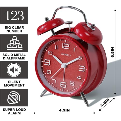 Image of AYRELY Super Loud Alarm Clock for Heavy Sleepers Adults,Twin Bell Retro 4 Inch Silent Non-Ticking Quartz with Backlight, Metal dial, Alarm Clocks for Bedrooms Bedside(3D Dial - Red)